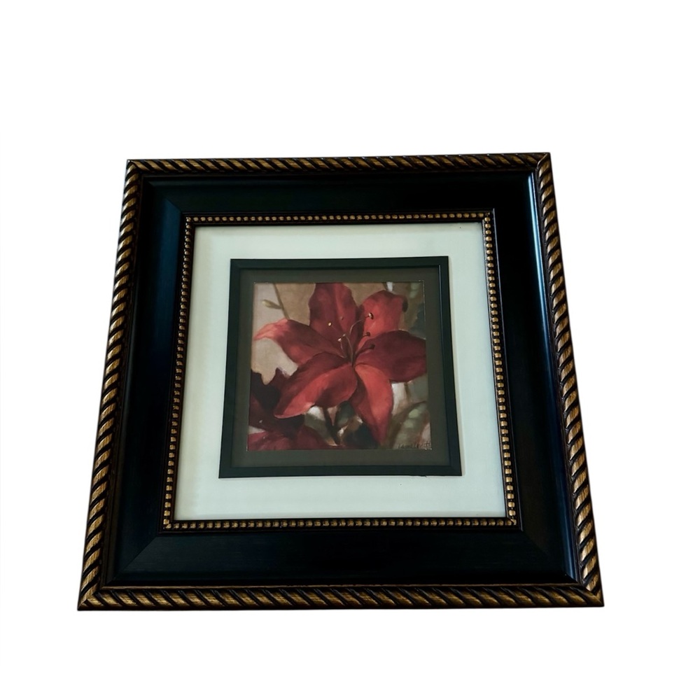 Framed Red Lily Floral Art Print in Decorative Black & Gold Frame - Picture 3 of 8